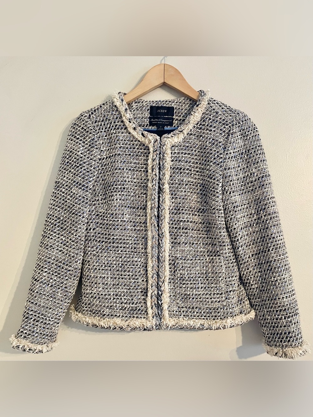 J. Crew Tweed Fringe-Trim Open Front Jacket in Cream & Black Sz 2- LIKE NEW